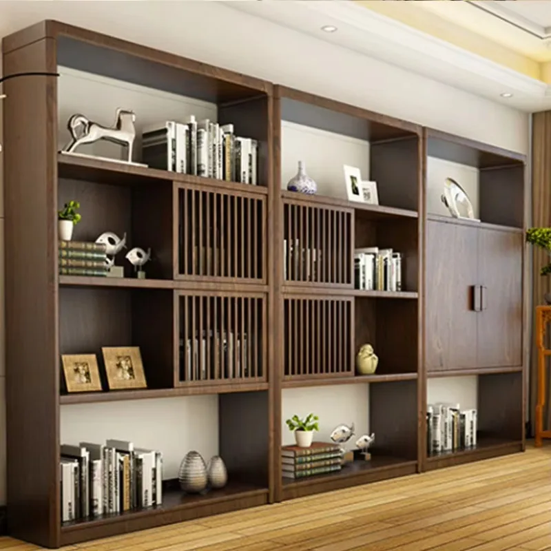 New Chinese modern floor-to-ceiling storage cabinet full solid wood bookcase combination Office study bookshelf