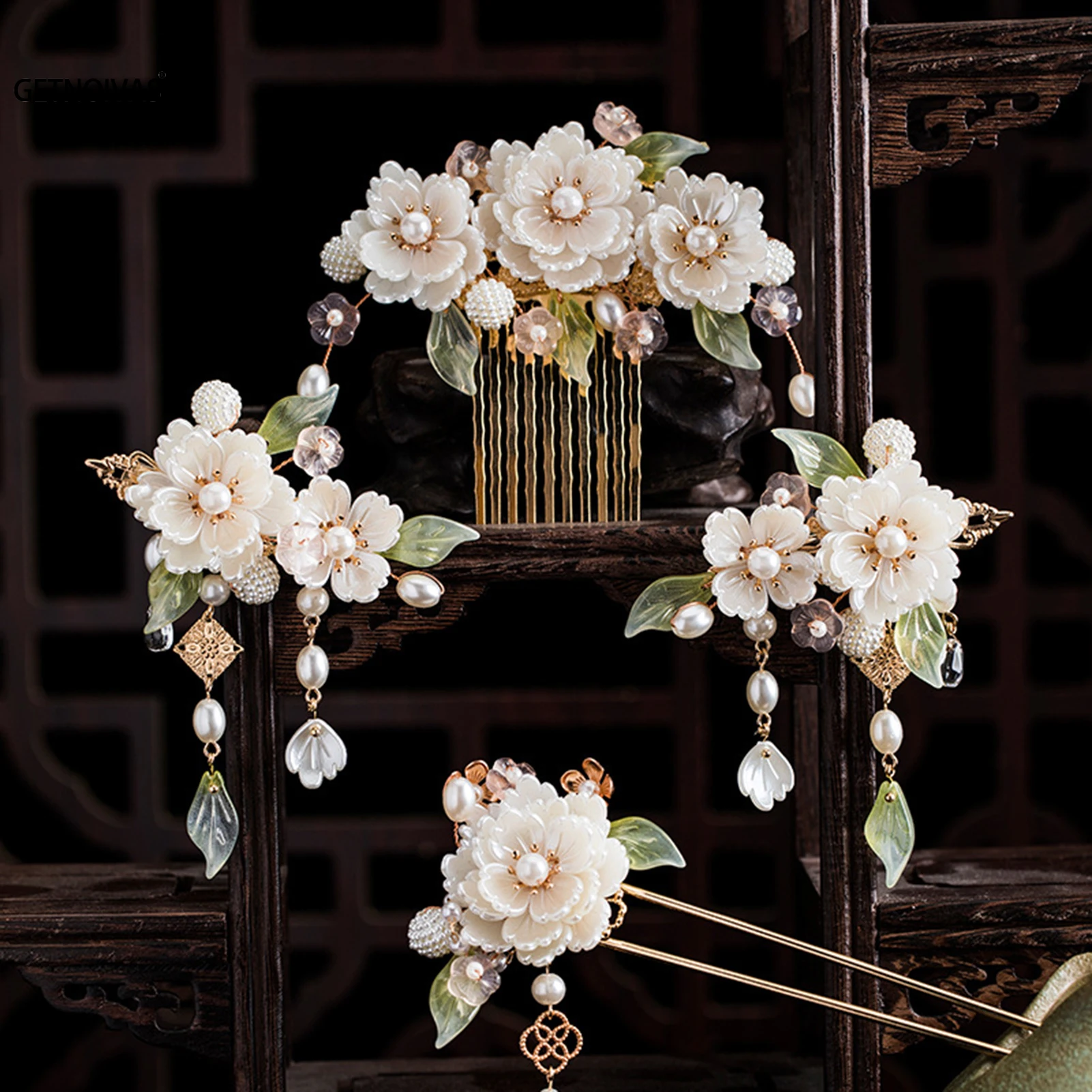 Weiße Blume Haars pangen Haarnadel Seite Kämme chinesische Hanfu Haarschmuck Set Vintage handgemachte Haars täbchen Frauen Retro-Schmuck