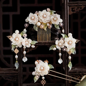 White Flower Hair Clips Hairpin Side Combs Chinese Hanfu Hair Accessories Set Vintage Handmade Hair Sticks Women Retro Jewelry