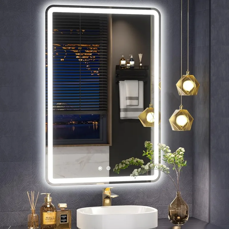 20x28inch LED Bathroom Mirror Rounded Corner Rectangle Frameless, 3 Colors Lighted