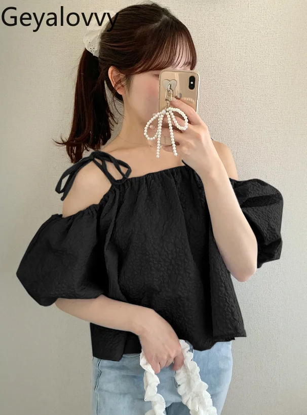 Letnia Nowość 2025 Japońska Koszula Sznurowana z Kokardą Słodkie Dziewczęce Bluzki w Jednolitym Kolorze Bufiaste Krótkie Rękawy Odkryte Ramiona dla Kobiet