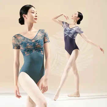 여성용 발레 레오타드 가짜 투피스 댄스 레오타드, 브이넥 플로럴 메쉬 스플라이스, 반팔 체조 레오타드 댄싱 바디 수트