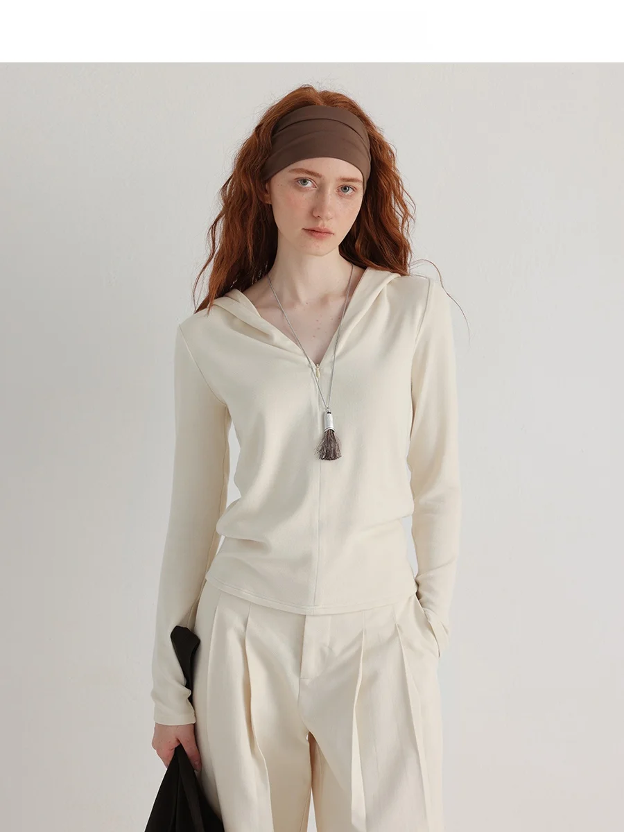 

CHACHASTU Женская трикотажная кофта с V-образным вырезом и длинным рукавом, облегающая, цвет абрикос, для ранней весны, повседневная, вязаная футболка