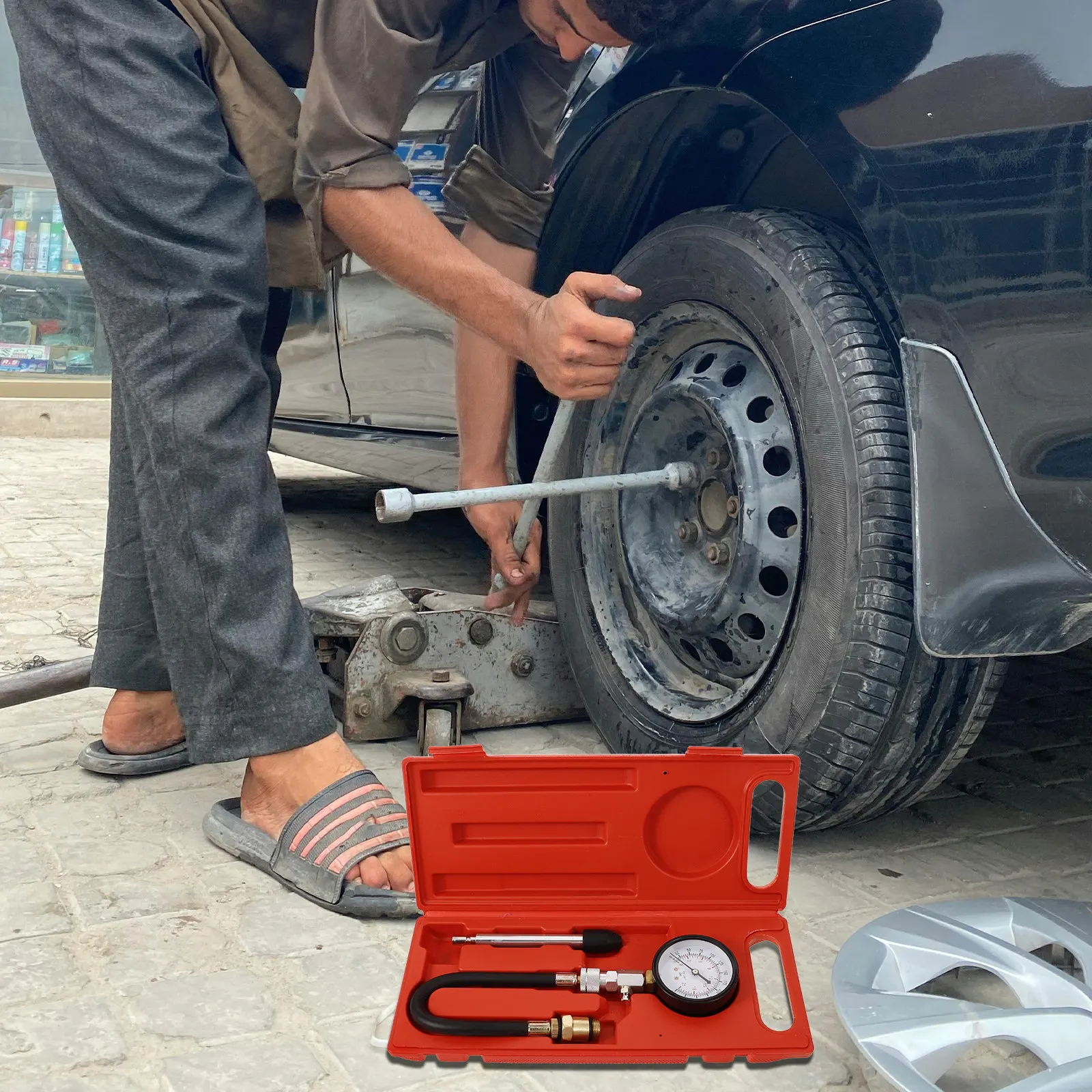 1セット-シリンダー圧縮テスターキット-圧力計-エンジン診断ツール-自動車メンテナンス修理用