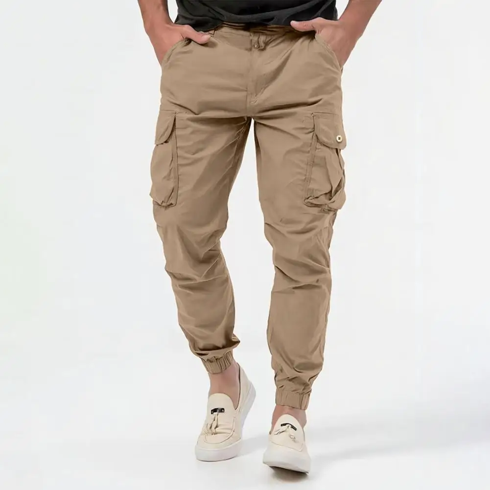 FJMen-Pantalon cargo taille moyenne pour homme avec poches multiples, poche latérale, bouton, fermeture à glissière, doux, respirant, rinçage