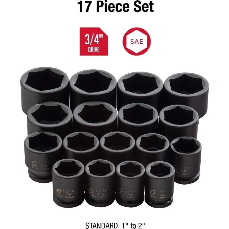 3/4 Inch Drive Heavy Duty Impact Socket Set, 17-Piece, SAE, 1