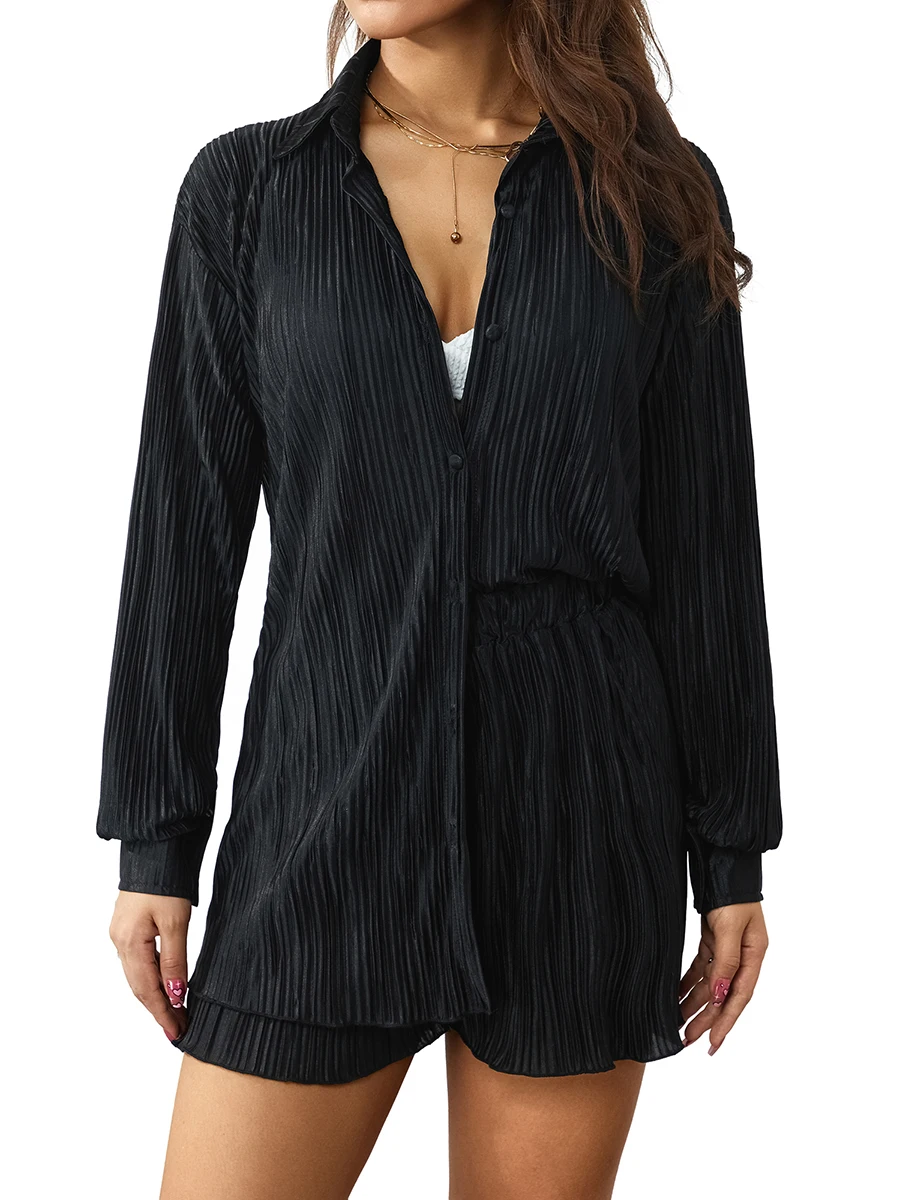 

Women Casual 2 Pcs Clothes Set Solid Color Ruched Long Sleeve Button Down Shirts with Shorts Suit