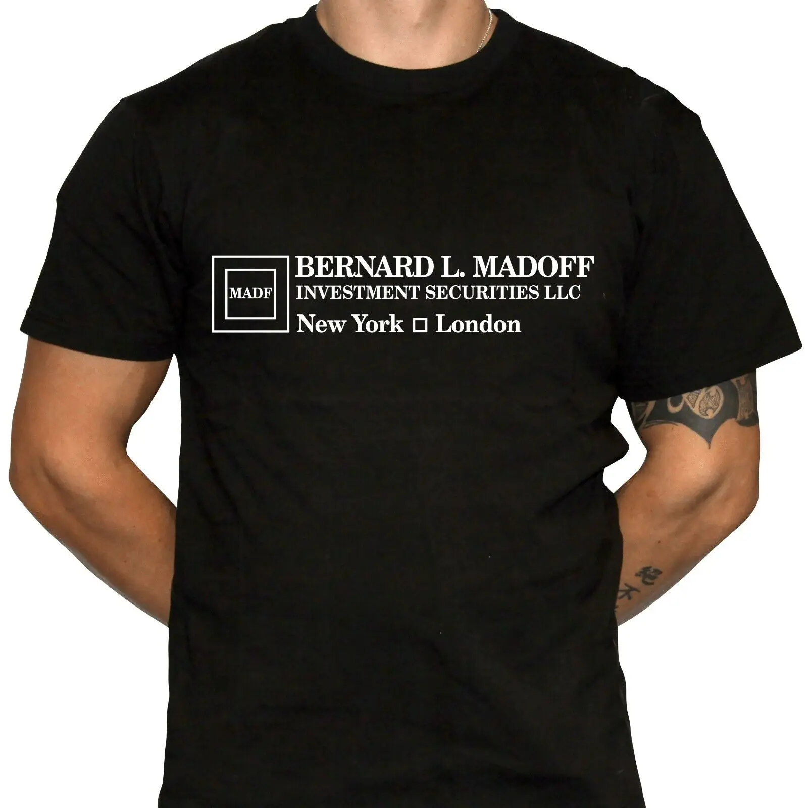 

BERNIE MADOFF INVESTMENTS Black T-Shirt - Defunct Investment Firm - 100% Cotton