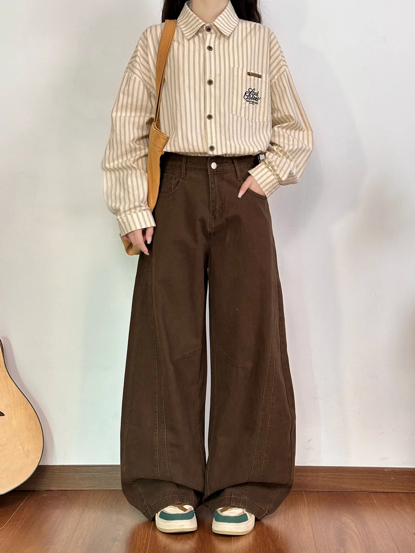 

Женские джинсы с высокой талией и широкими штанинами, кофейного цвета, свободные прямые повседневные брюки из хлопка, в пол, в уличном стиле