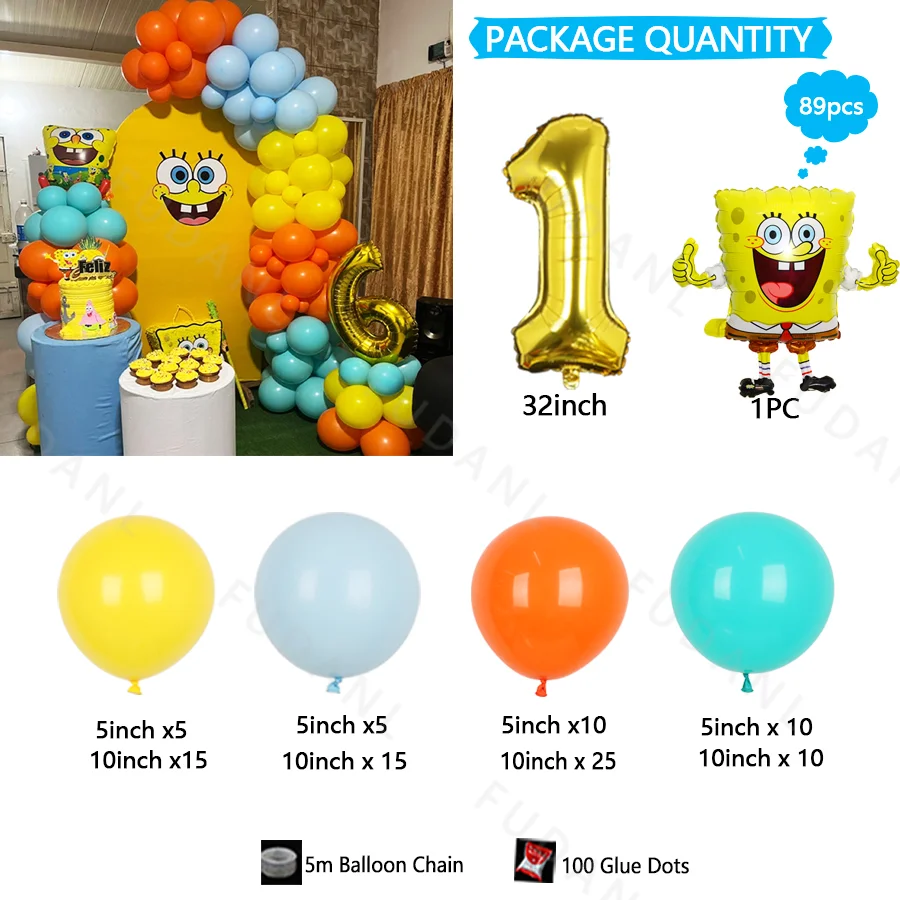 89 Pcs SpongeBob SquarePants Animated Gold Numbers Birthday Shower Gift Baby Birthday Colorful Party Balloon Set Surprise Gift