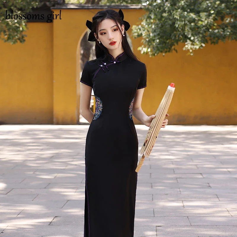 فستان BlackCheongsam على الطراز الصيني فستان نسائي عتيق أنيق من الدانتيل لحفلات رأس السنة الجديدة فساتين تشيباو للسيدات فساتين صيفية ضيقة