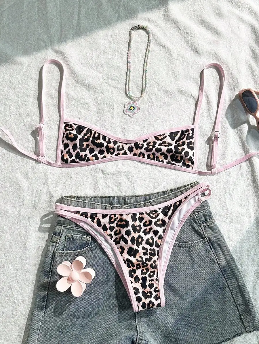 

Women's Leopard Print Bikini Set with Pink Trim, Adjustable Straps