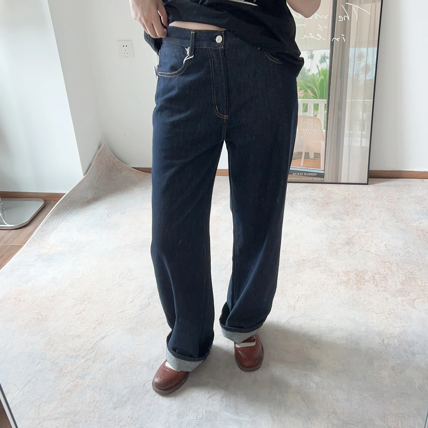 

Retro Deep Blue Washed High Waist Straight Leg Jeans Women's Casual Long Slimming Floor-Length Pants Spring Summer