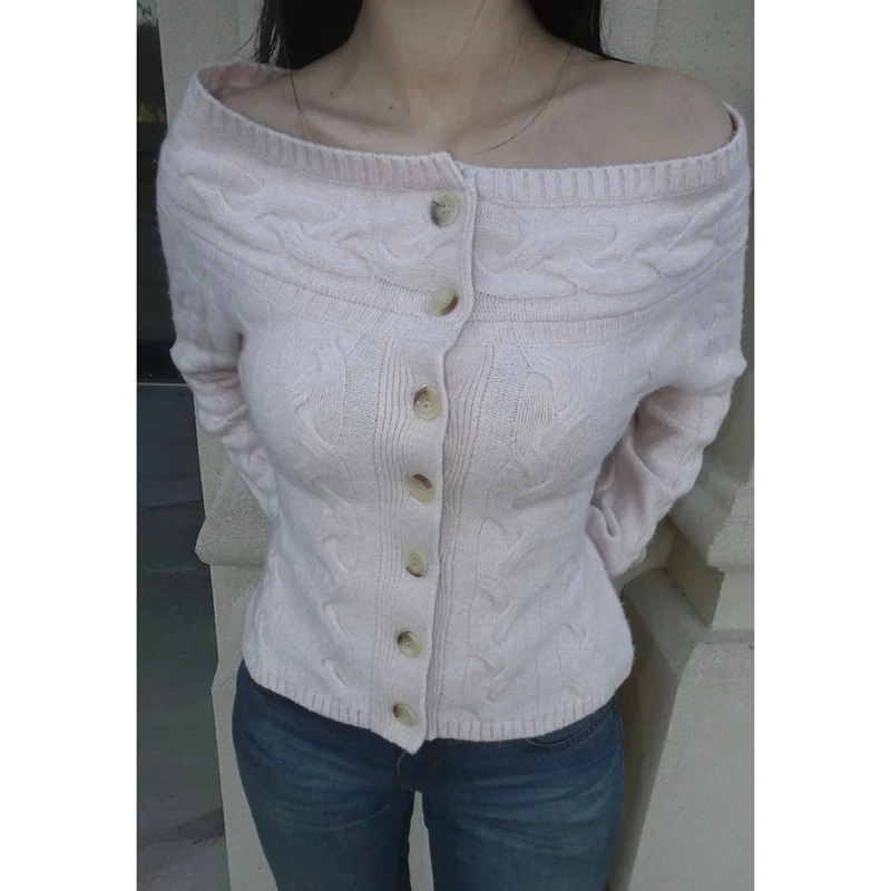 

Off The Shoulder Knitted Cardigan Sweater for Women Long Sleeve Button Knitwear Coat Y2K Vintage Fall Trendy Outfits