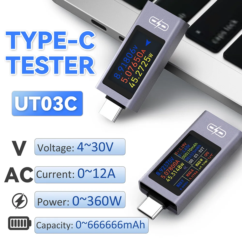DC4-30V 12A Type-C Multi-function Digital Display DC Voltage Ammeter Power Meter UT03C Voltmeter Ammeter Charger Capacity Tester