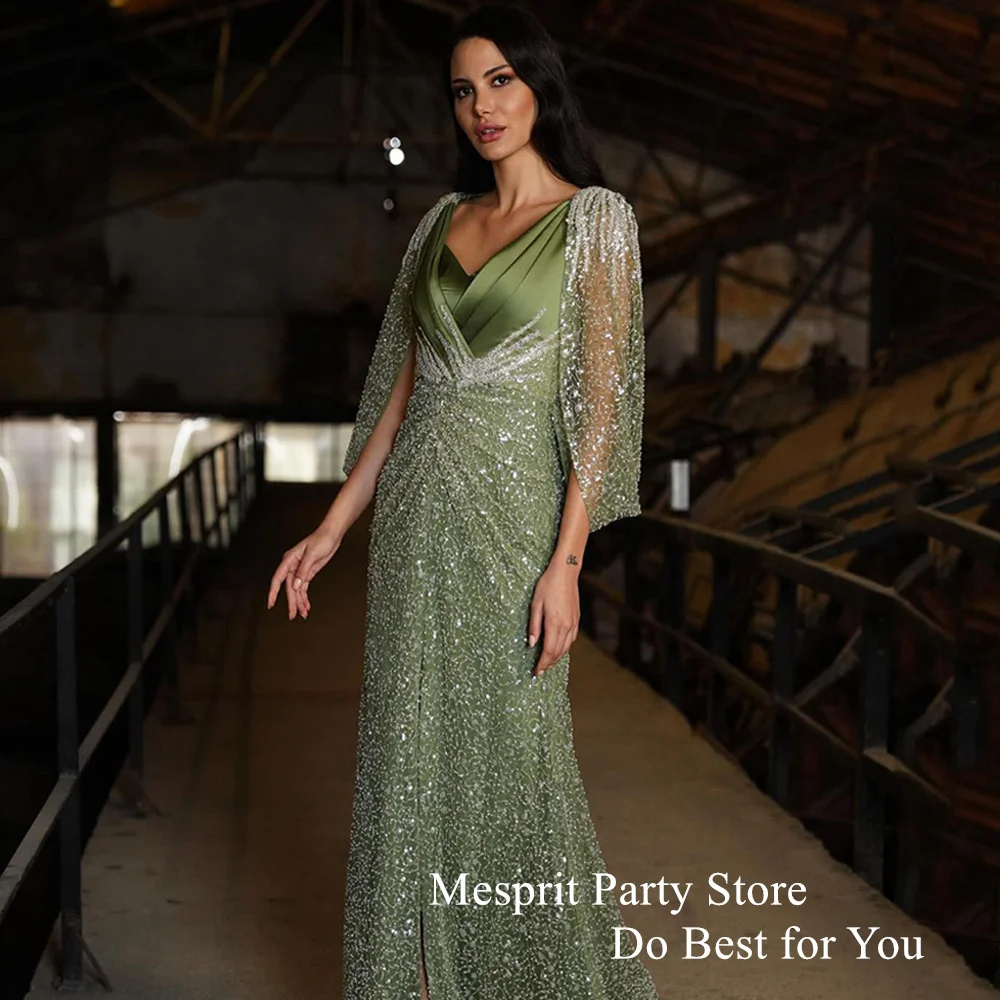 Mesprit Olive Green Mermaid Evening Dress 3/4 Sleeves V Neck Pleat Slit Beading Sequined Special Occasion Dresses Saudi image 3
