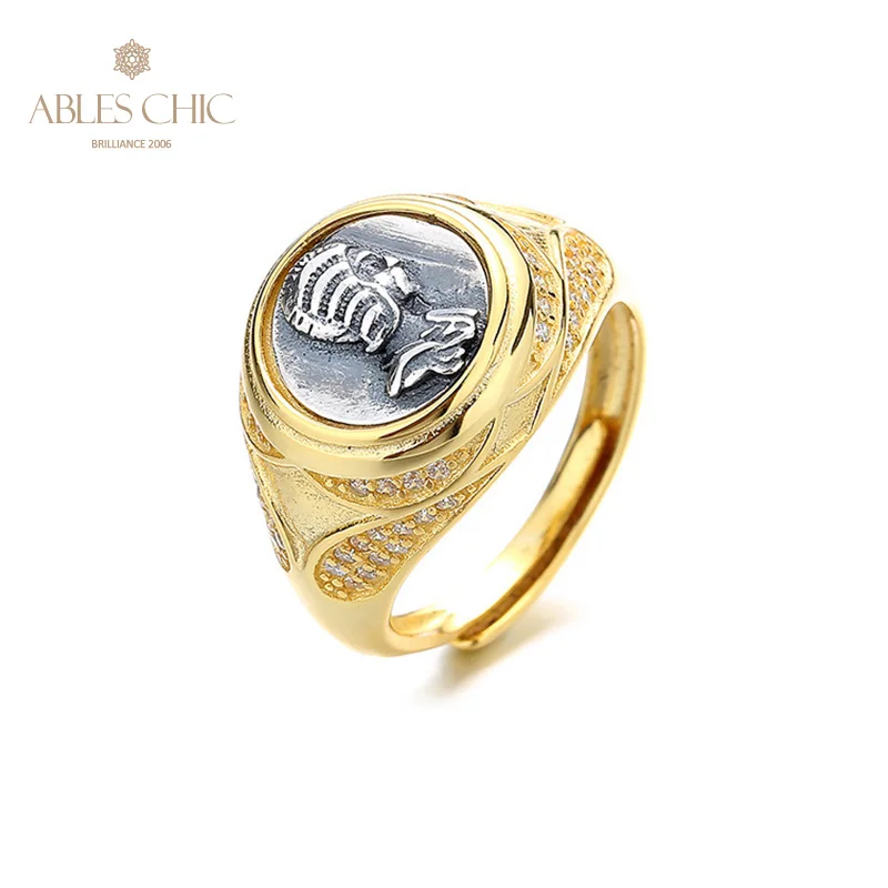 

Greek Deity CZ Accent Silver Coin 18K Gold Two Tone Solid 925 Silver Roman Coins Adjustable Vintage Ring R1046