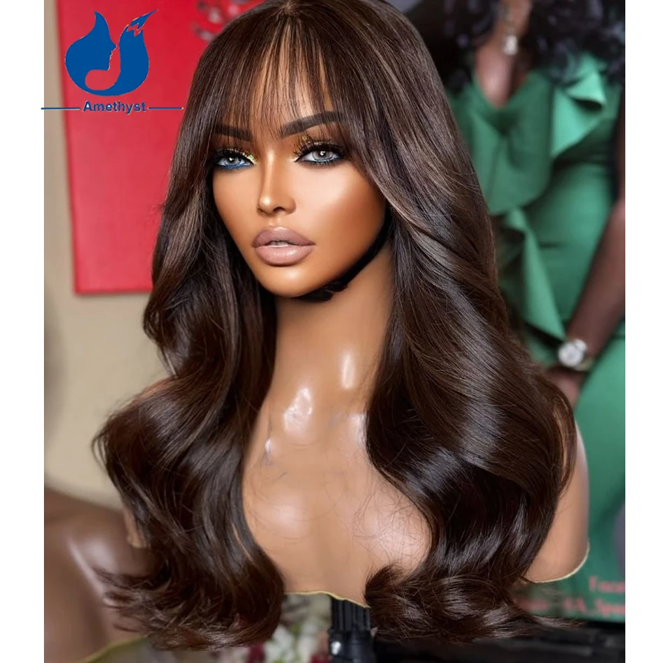 Amethyst Dark Brown Body Wave Human Hair Wig with Bangs Brazilian Remy Full Machine Made Scalp Top Wig for Women Chestnut Brown