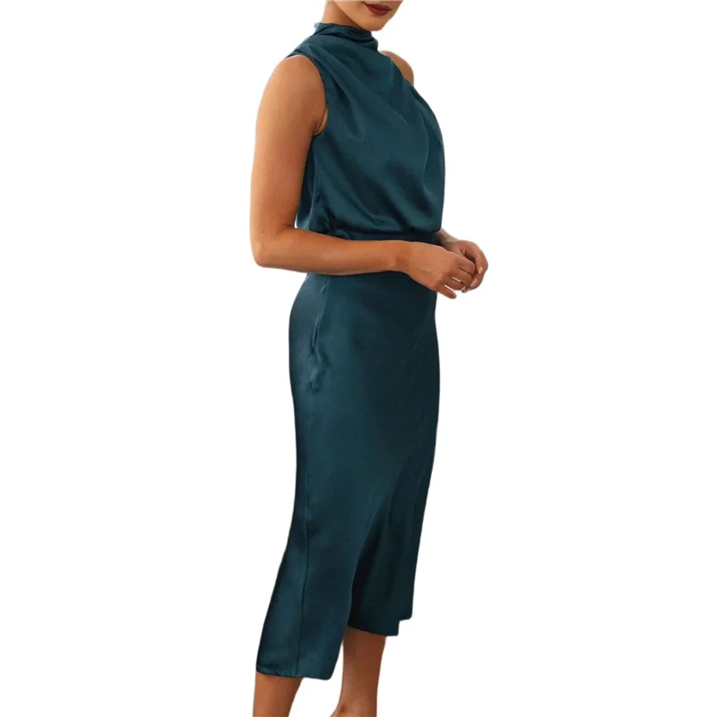 【】Damen-Sommer-Satinkleid 2025, elegant, ärmellos, Stehkragen, Cocktailparty, Maxikleider