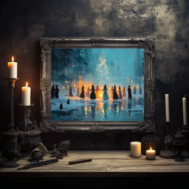 Mystic Winter Witch Gathering Canvas Wall Art Vintage Ice Lake Bonfire Scene Dark Magical Home Wall Print Unframed Canvas Poster
