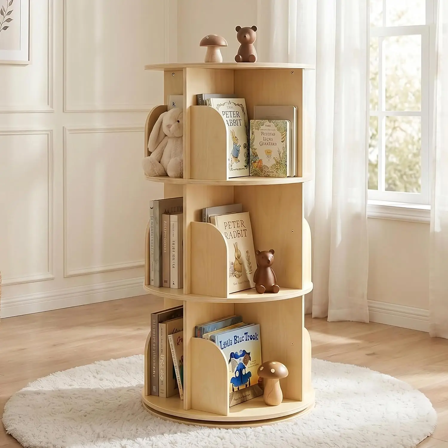 3 Tier Wooden Rotating Bookshelf Kids 360 Spinning Bookcase Round Book Shelf Organizer Childrens Books Toys Bedroom Playroom Liv