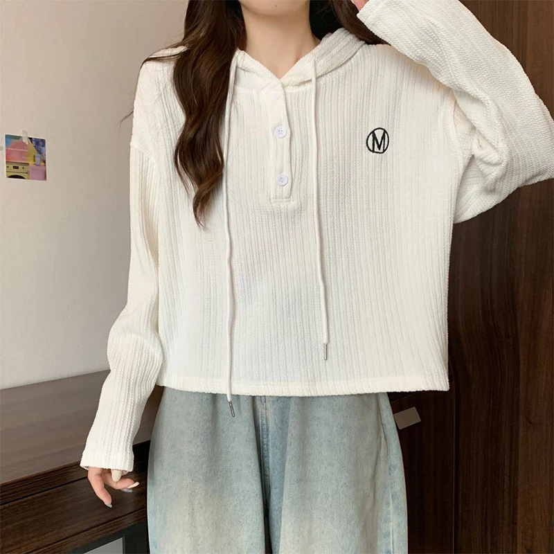 White Knitted Hoodies Women Autumn Winter Korean Fashion Letter Print Sweatshirt New Contrast All Match Hooded Pullover Woman