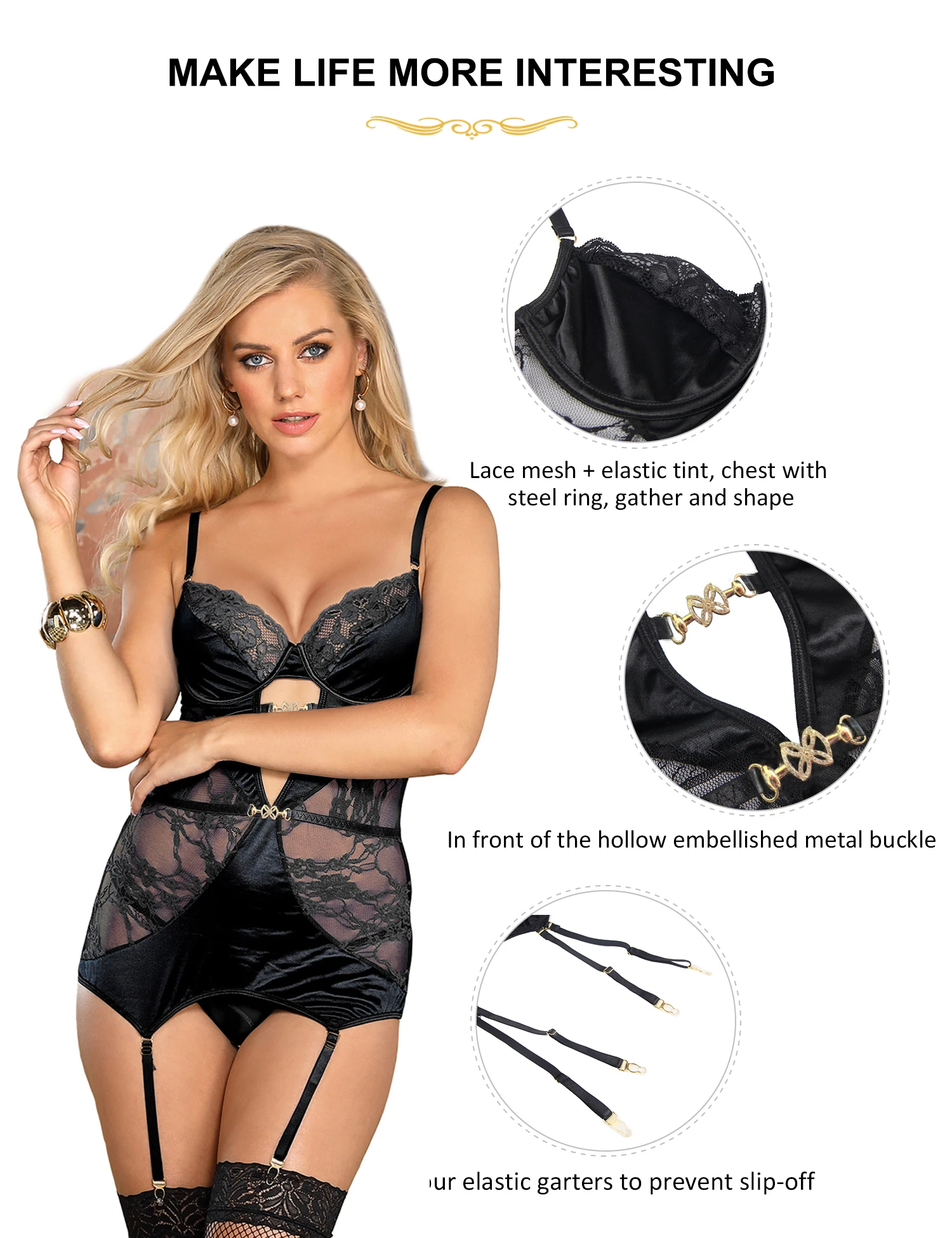 Ohyeahlady-Ensemble de lingerie à bretelles dodues, chemise de nuit sexy, chemise de nuit à bretelles en dentelle satinée, vêtements de nuit à armatures, jarretière