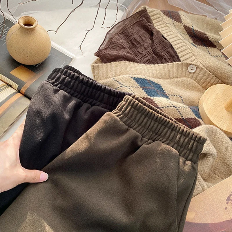 Ladies Thickened Woolen Short Pants High Waist Wide Leg Loose Casual Black Boot Pants Trendy Spring Autumn Korean Style