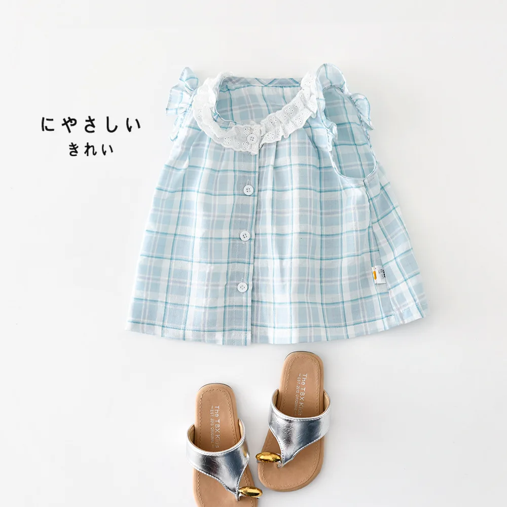 2026 Summer New Baby Girl Fly Sleeve Lace Collar Shirts Toddler Loose Tops Cotton Infant Girls Sleeveless Plaid Blouse