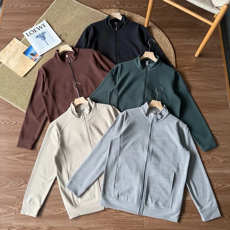 Men's Solid Color Outdoor Zip-Up Jacket – Spring & Autumn Lightweight Stand Collar Fleece-Lined Warm Layer Hiking & Casual Wear