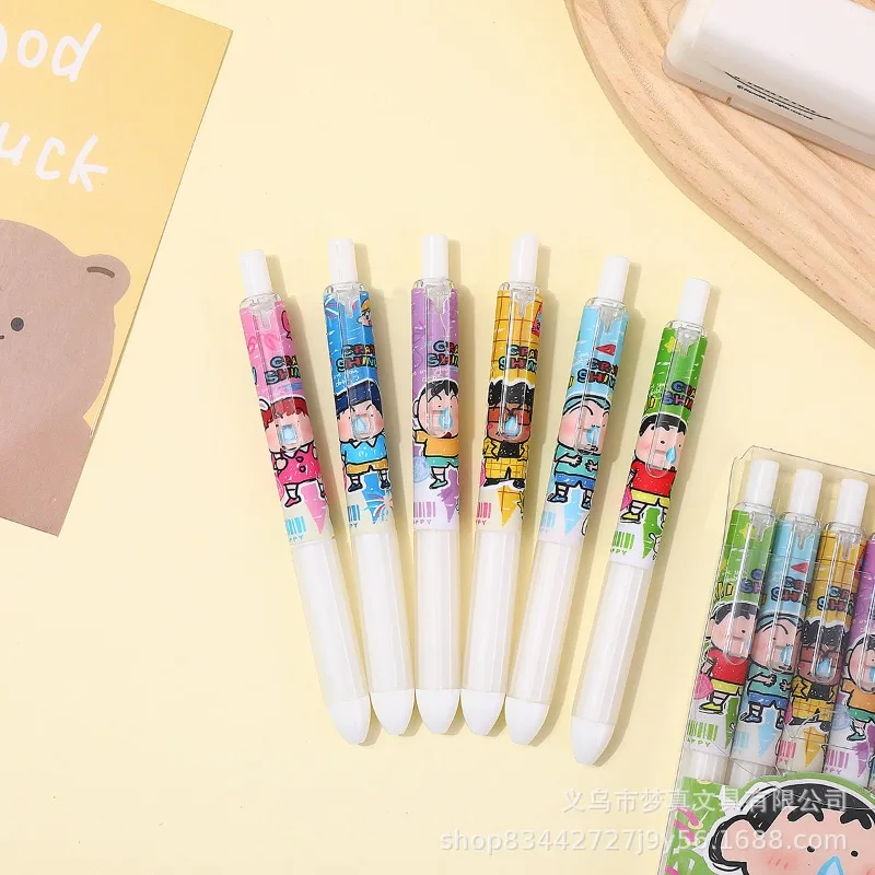 6PCS Hot Kawaii Shinchan Series Gel Pen Set Cartoon Character Creative Cute Printing 0.5mm Quick Drying Click Pen Stationery