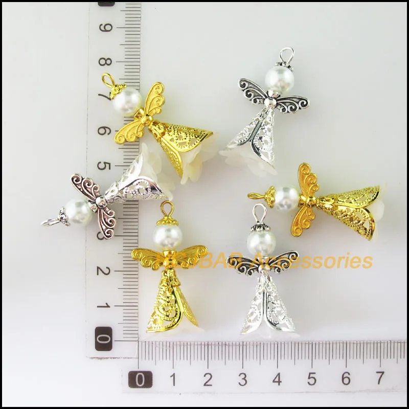 8 New Tibetan Silver Plated Gold Color Charms White Acrylic Angel Wings Pendants 22x37mm