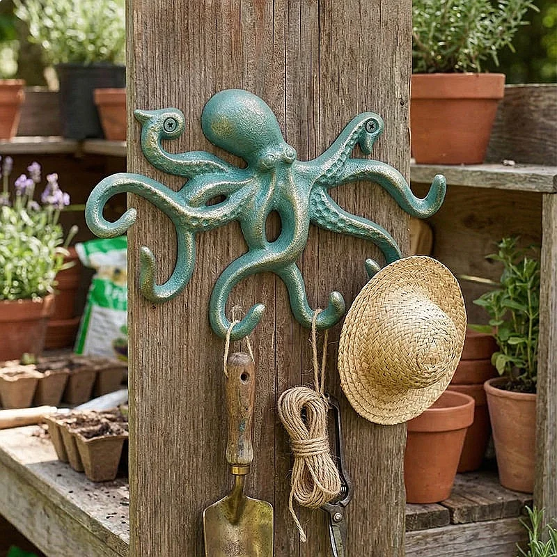Octopus Wall Hooks Decorative Cast Iron Key Holder, 6 Arms Coat Towel Hanger for Wall view 4