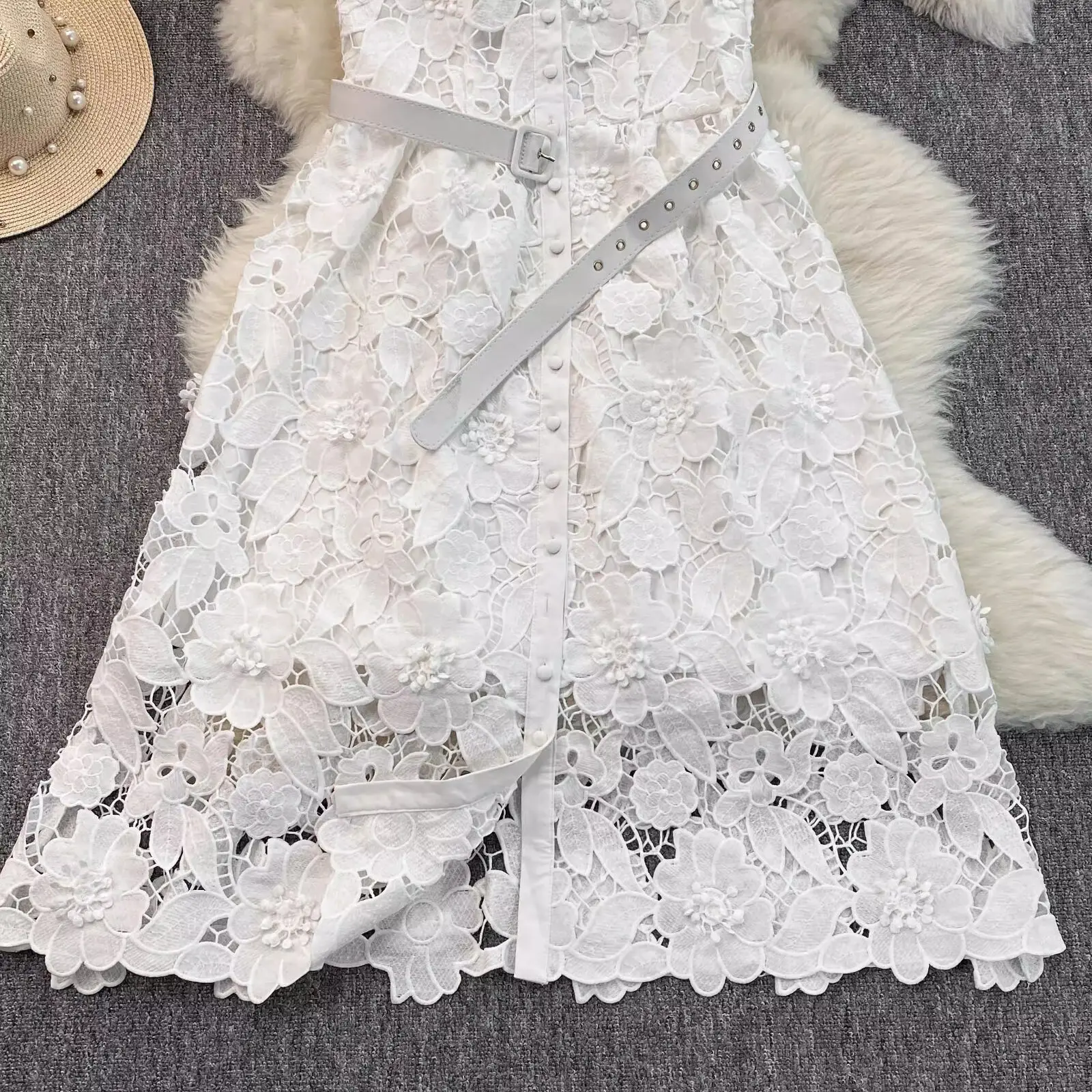 Summer Autumn Sundress Holiday 3D Flower Embroidery White Lace Prom Dress Shirt Women Elegant Evening Party Midi Long Vestidos