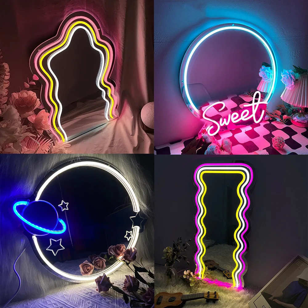 Neon Light Bear Makeup Mirror, Cartoon Anime Acrylic Wave LED Mirror for Bedroom Bathroom Bar Party Gift Customizable