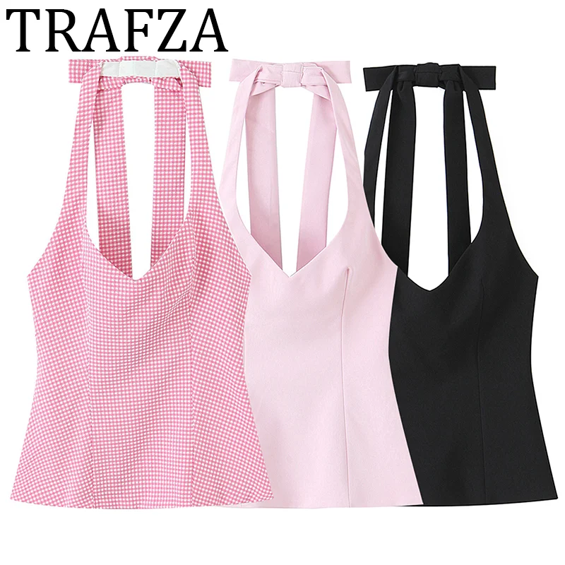 

TRAFZA 2025 Halter Back V Neck Bow Top for Woman Check Print Pink Backless Short Top Tank Summer Sexy Outfits Women Crop Top