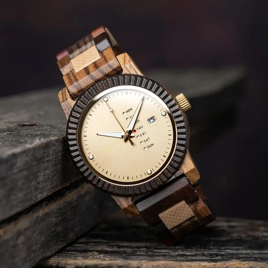 BOBO BIRD Reloj de pulsera de madera para hombre, accesorio de pulsera de estilo informal con indicador de semana y fecha, personalizado, envío