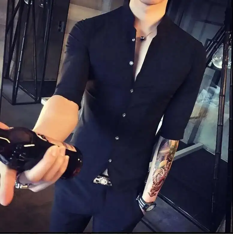 Stand Collar Chinese Style Shirt Men Slim Fit Korea Clothes Men Half Sleeve 2018 Summer Designer Club Shirt Camisa Masculina