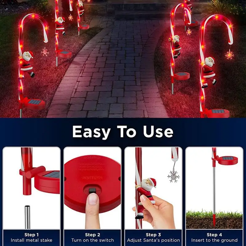 Imagem -05 - Solar Powered Christmas Candy Cane Stake Lights Luz Impermeável dos Desenhos Animados com Santa Garden Pathway Decoração de Natal Pcs