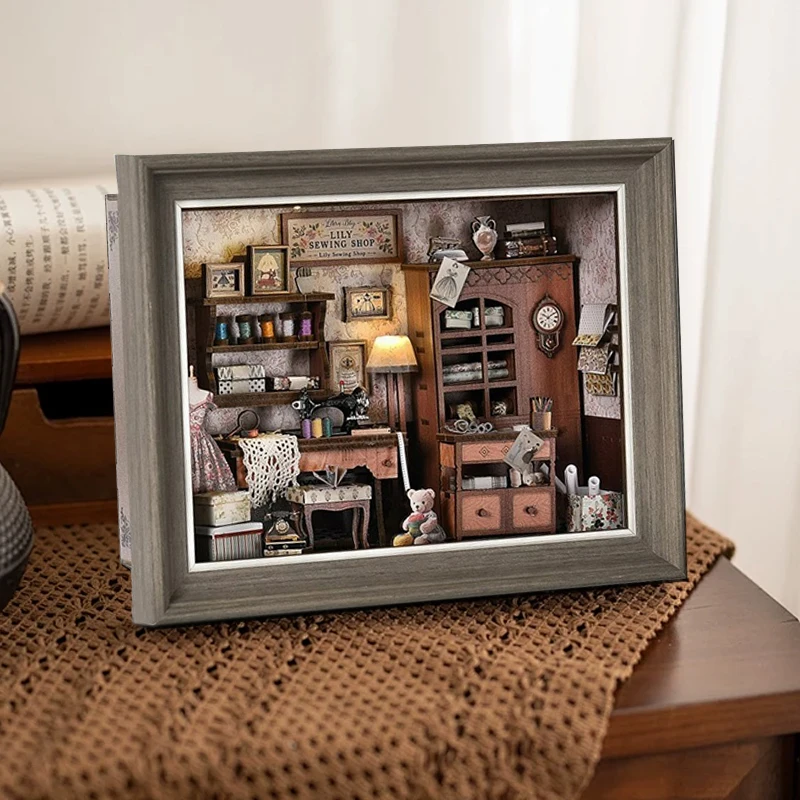 بيت الدمية DIY مع رف الكتب الخفيف LED إدراج اليدوية ثلاثية الأبعاد لغز خشبي صغير دمية إطار الصورة زخرفة لهدايا عيد الميلاد #4