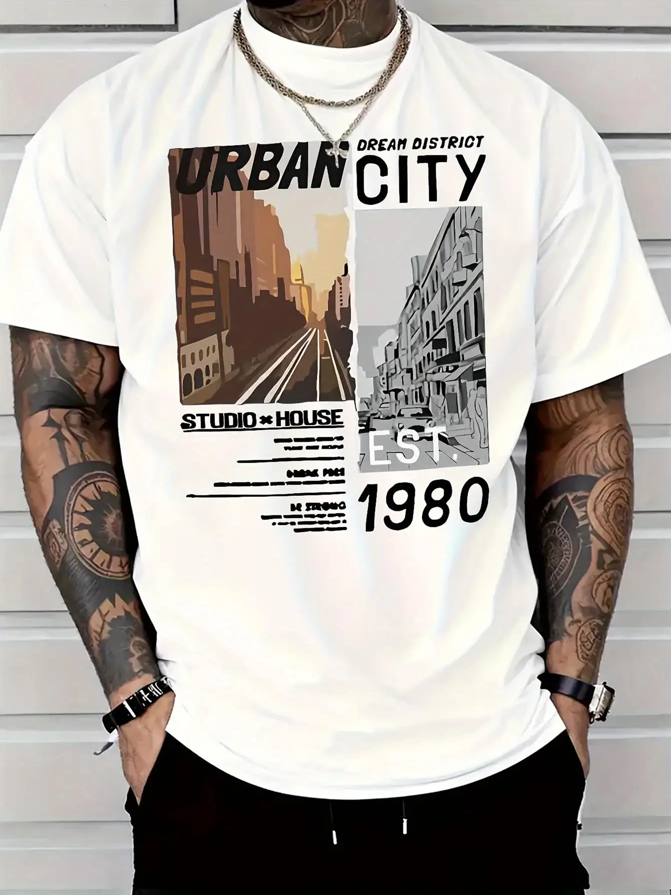 Men's Urban Street Style T-Shirt - White Plain Round Neck Short Sleeve T-Shirt, featuring Dreamland design and 1980s retro pattern