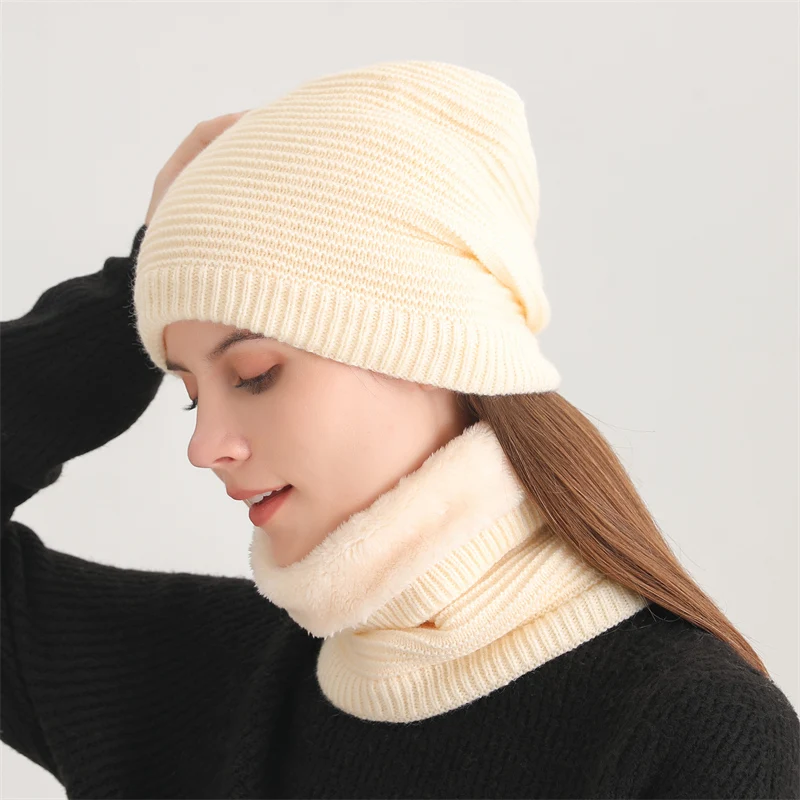 Simple Winter Knitted Women Cap Ring Scarf Set Men Warm Thick Plush Beanies Collor Outdoor Ski Full Face Mask Hat Muffler