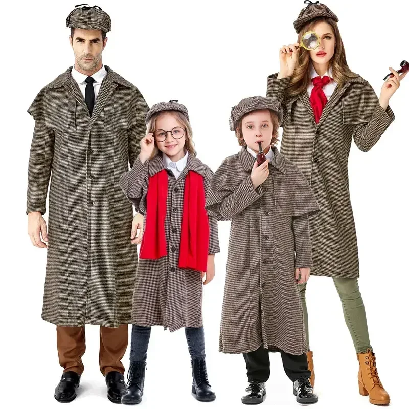 Boy Girl British Style Checkered High Collar Coat Major Detective Cosplay for Men & Women Halloween Detective Game Costume