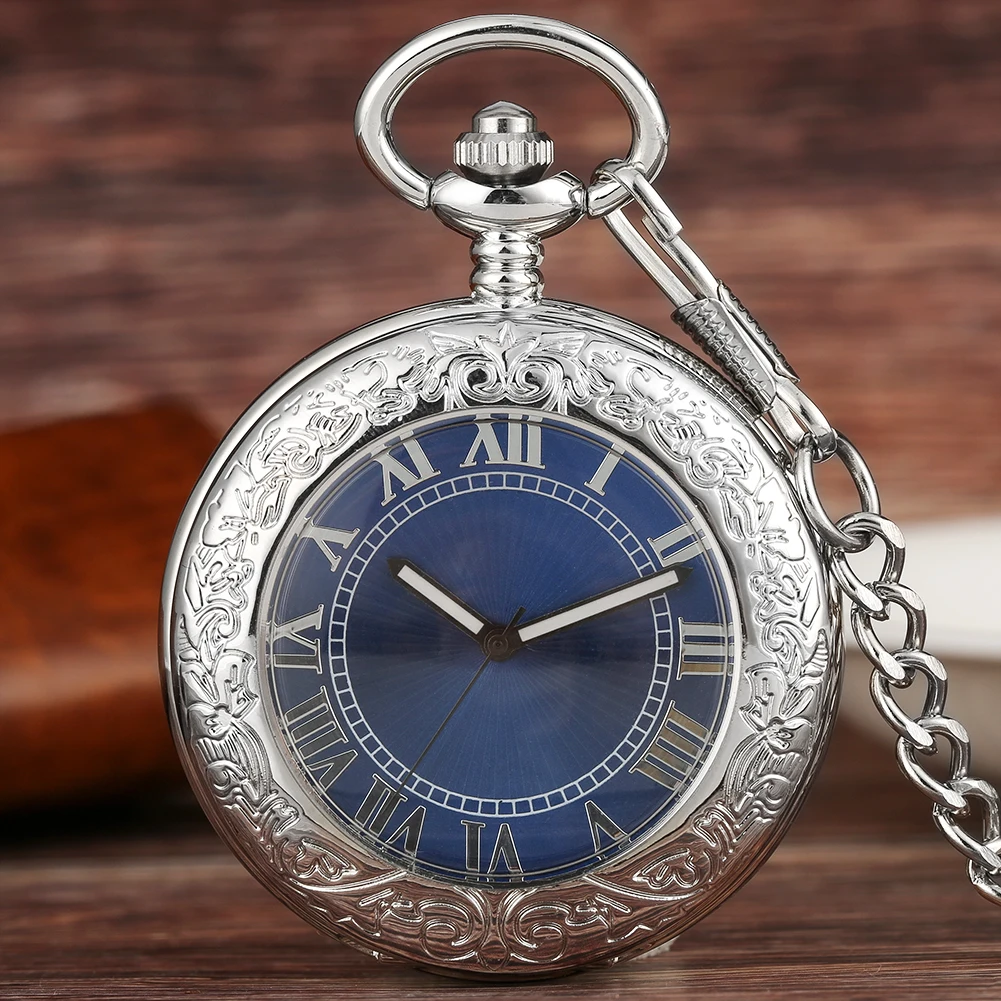 Stylish Blue Dial Transparent Glass Cover Men's Mechanical Self Winding Pocket Watch Elegant Antique Pendant Watches Gift Male