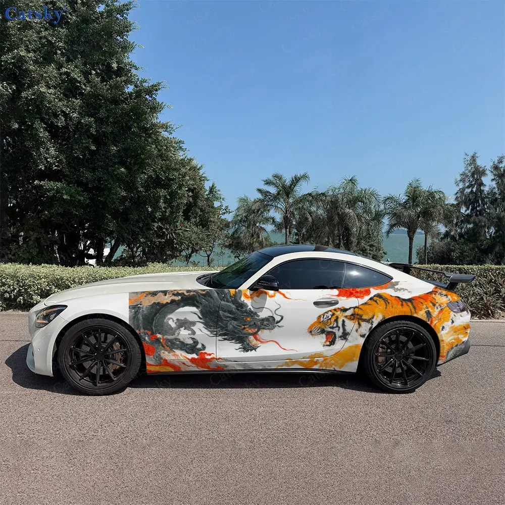 2pcs Divine Beast and Striped Tiger Car Side Wraps, Self-Adhesive PVC Waterproof & Scratch-Resistant Sticker, Car Accessory Gift