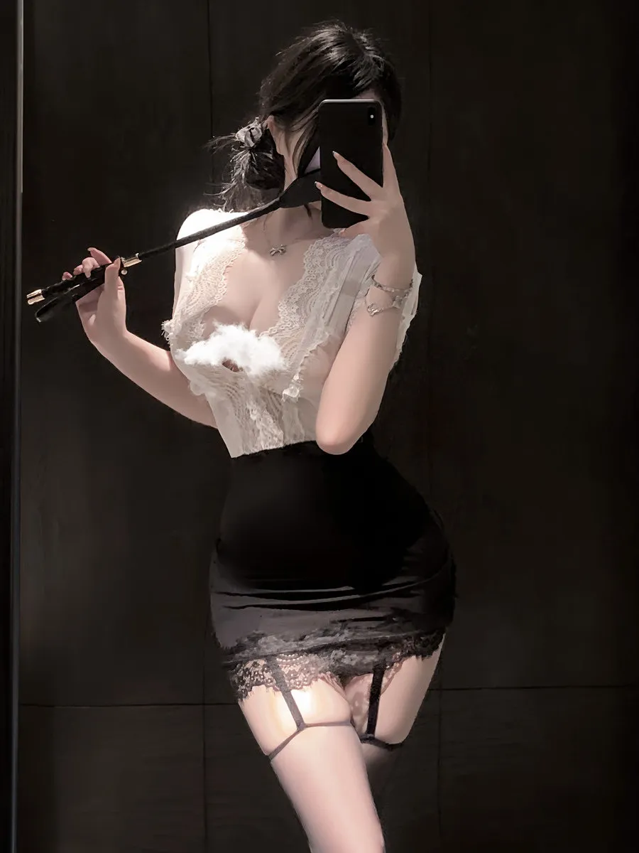 Sexy Lace Secretary OL Uniform Sleepwear Set  Atmosphere Pure Desire Wind Wrap around Skirt Short Sleeve V Neck T Shirt