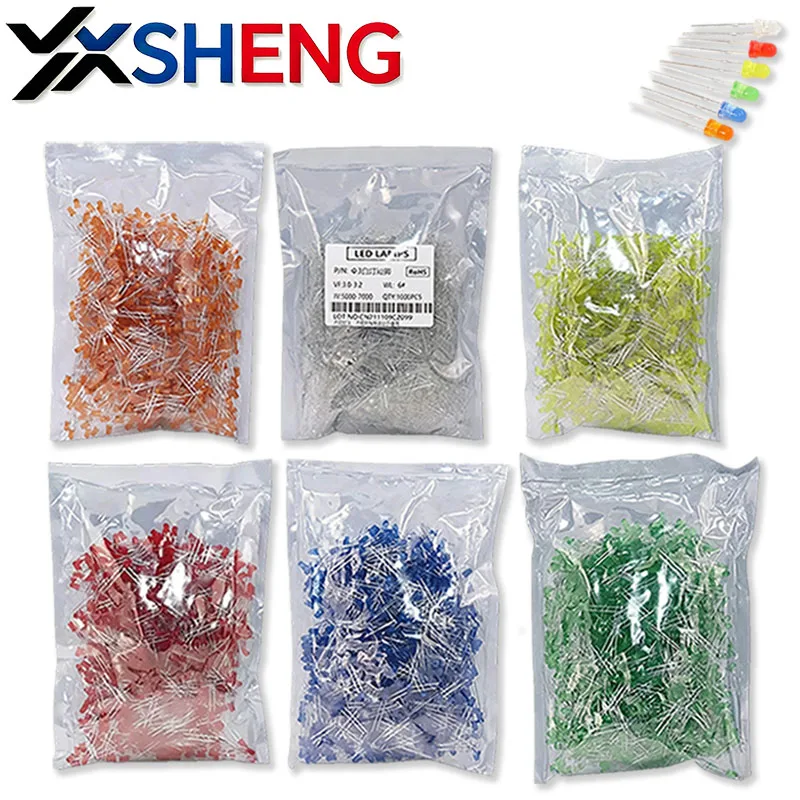 1000PCS/100PCS 3mm Led Light-emitting Diodes Diffused Blue Turn Blue/Green/Red/Yellow/White/Orange
