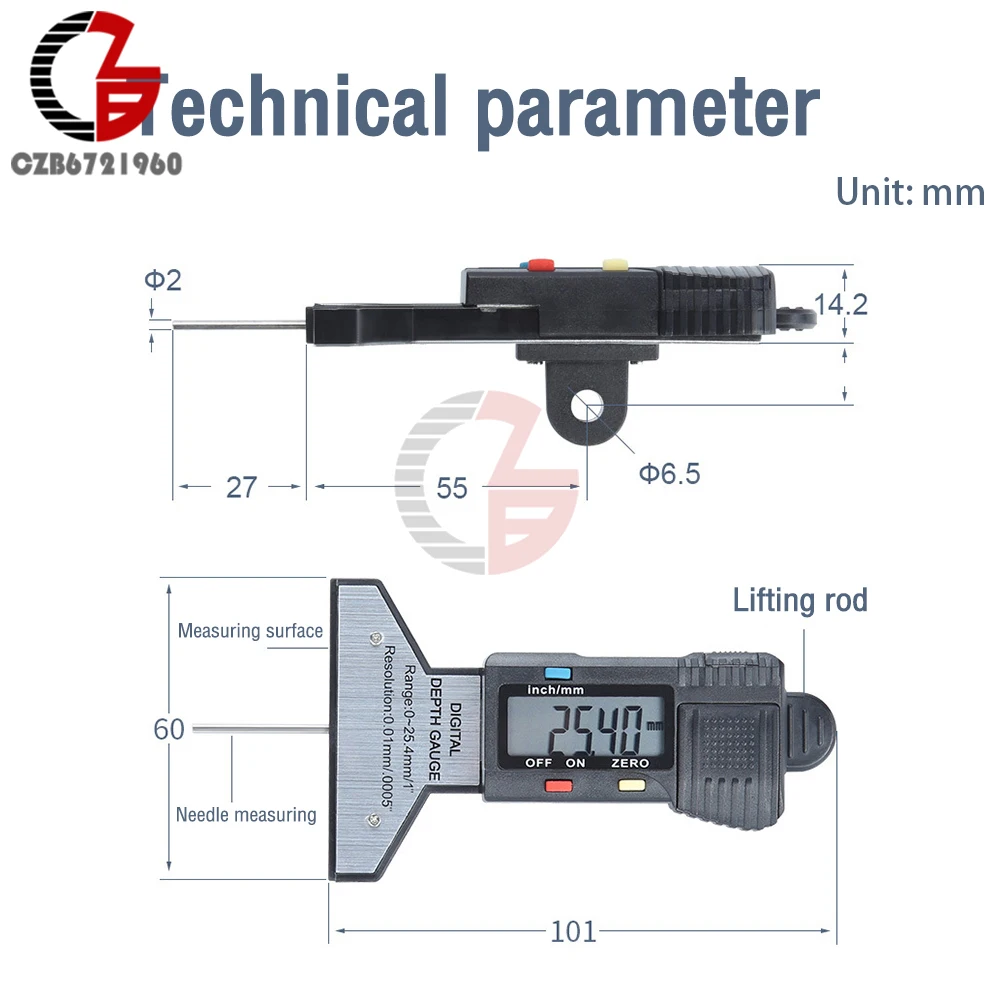 Electronic Digital Depth Gauge Snap Depth Inch Metric Fractions Tire Tread Gage Digital Altimeter Micrometer Car Ruler 0-25mm