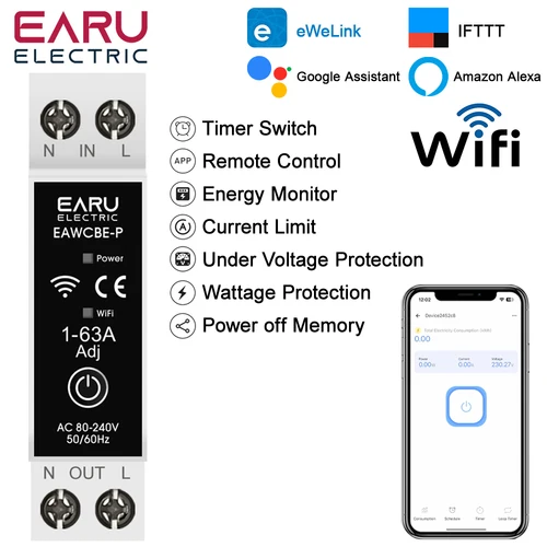 EWeLink MCB WiFi disyuntor inteligente 1P + N 63A interruptor de relé temporizador medición de energía kWh Protector de corriente de voltaje Control remoto
