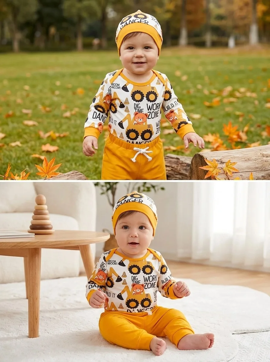 3-teiliges Frühlings-Herbst-Set für Baby-Jungen mit LKW- und Bärenmotiv, Langarm-Strampler + Hose + Mütze, Niedlicher Stil, für Alltag/Fotoshooting – Detail 1